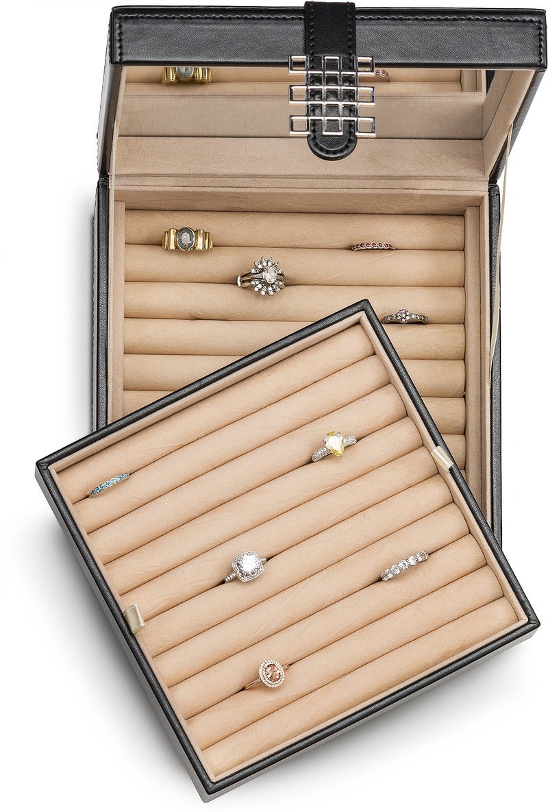 Glenor Co Ring Organizer Box - 108 Slot Classic Jewelry Display Holder - 2 Storage Trays with Modern Buckle Closure, Large Mirror - Holds Rings and Cufflinks - PU Leather Case - Black - Image 3